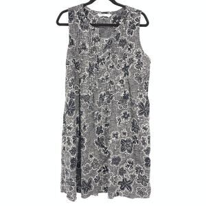 Sonoma Womens Shirred Bust A-Line Dress Size L Black White Floral Linen